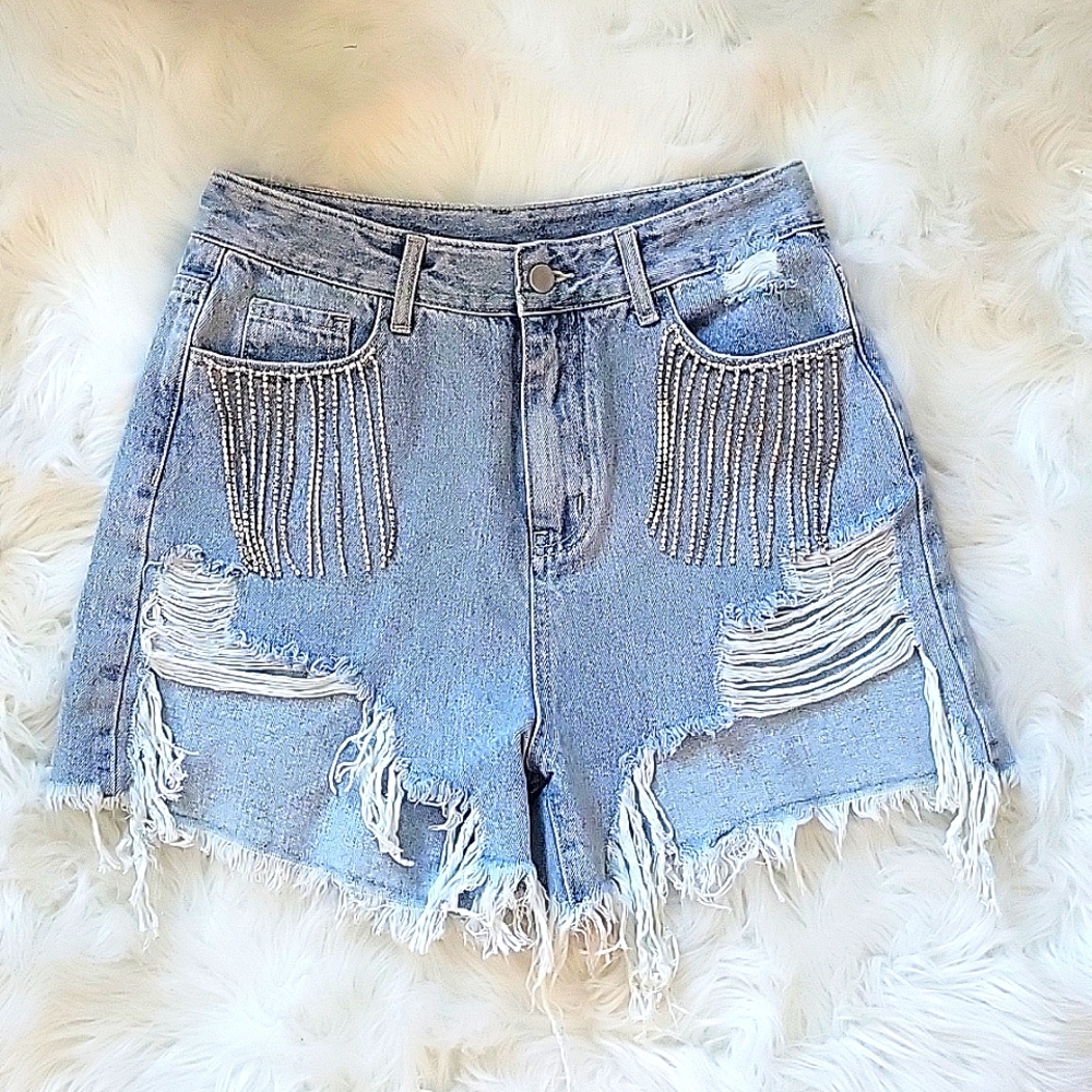 High Rise Jean Shorts Rhinestone Pockets Rough Edge Cut Off Distressed Shorts M